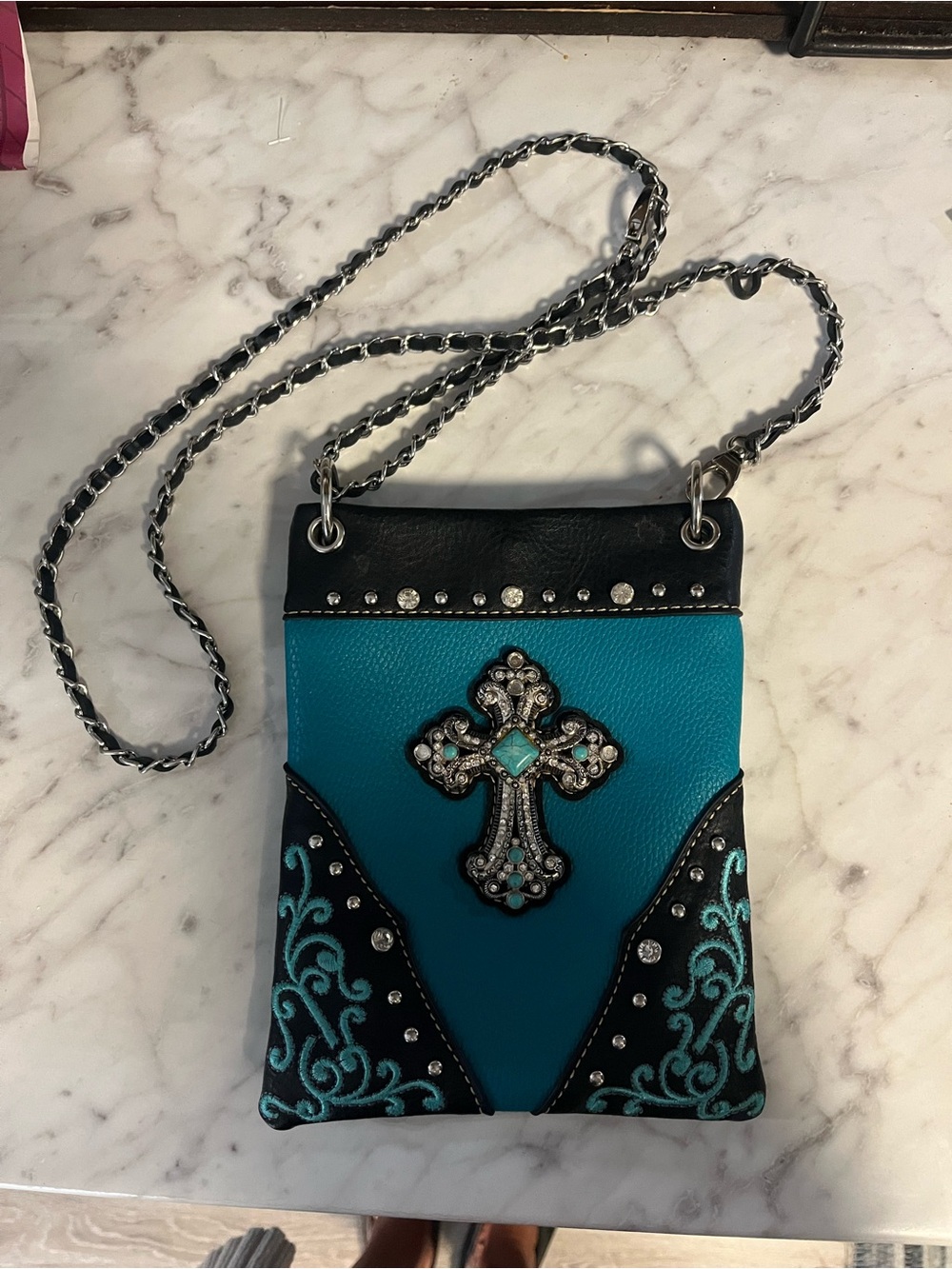 American London Embellished Turquoise Cross Accent Shoulder Bag